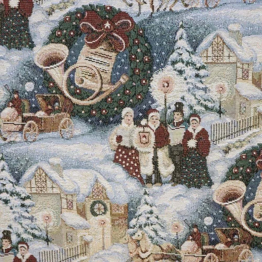 VTG 90s‎ Christmas Tapestry Table Runner Tassles Winter Village Scene 37